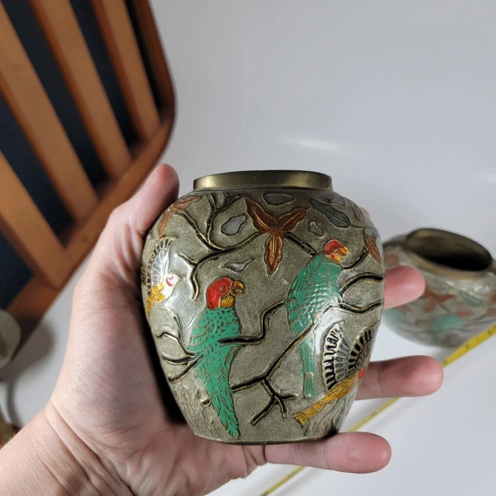Vintage Brass and Enamel Cloisonné Floral Bud Flat Vase 4.25